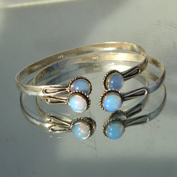 Opalite Bracelet Silver Plated 2 Cuffs Set Boho - Picture 2 of 6